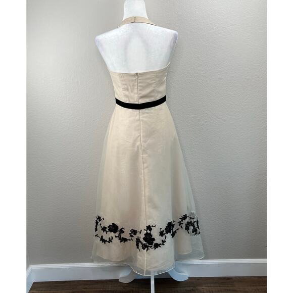 Davids Bridal Nude Black Floral Lace Halter Fit Flare Bridesmaid Midi Dress XS/6 - Picture 12 of 14